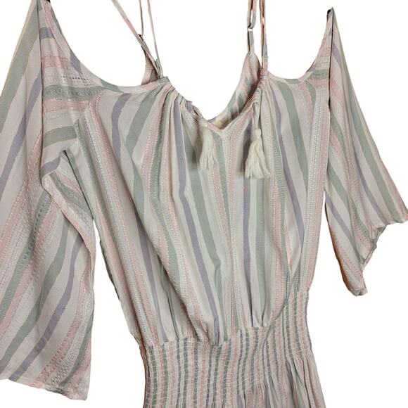 SurfGypsy NEW Shirred off the shoulder tassel mini dress cover up striped pastel - Picture 6 of 6